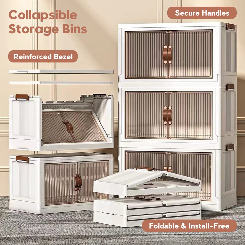 Folding Portable Storage Cabinet Bins Stackable Organizer Box with Caster Wheels Collapsible Toy Storage with Double Door