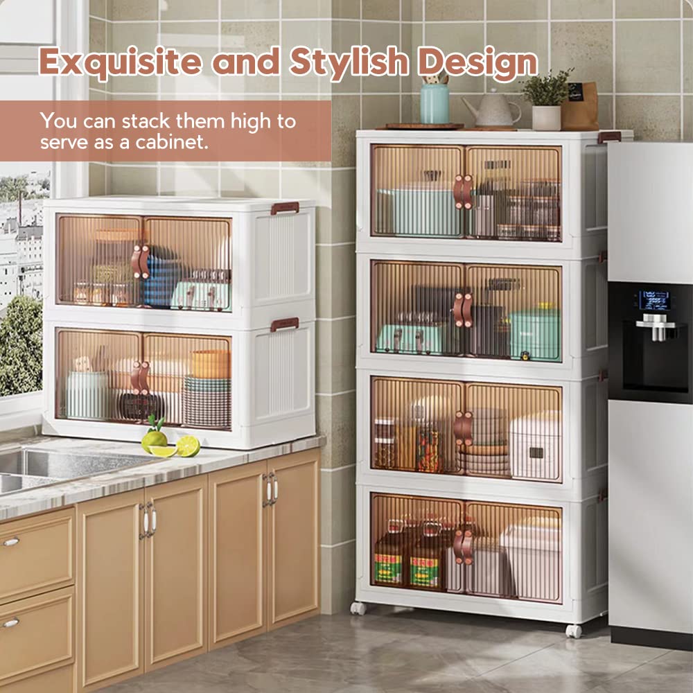 Folding Portable Storage Cabinet Bins Stackable Organizer Box with Caster Wheels Collapsible Toy Storage with Double Door