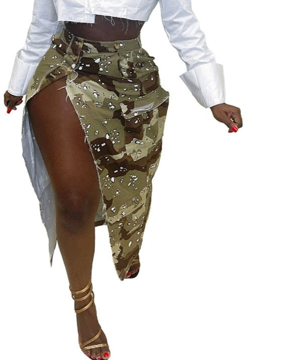 Women Sexy High Split Camouflage Skirt