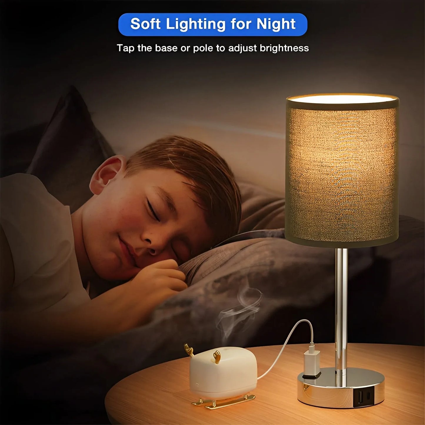 Dimmable Touch Table Lamp with USB C Port and AC Outlet for Bedside Living Room Guest Room