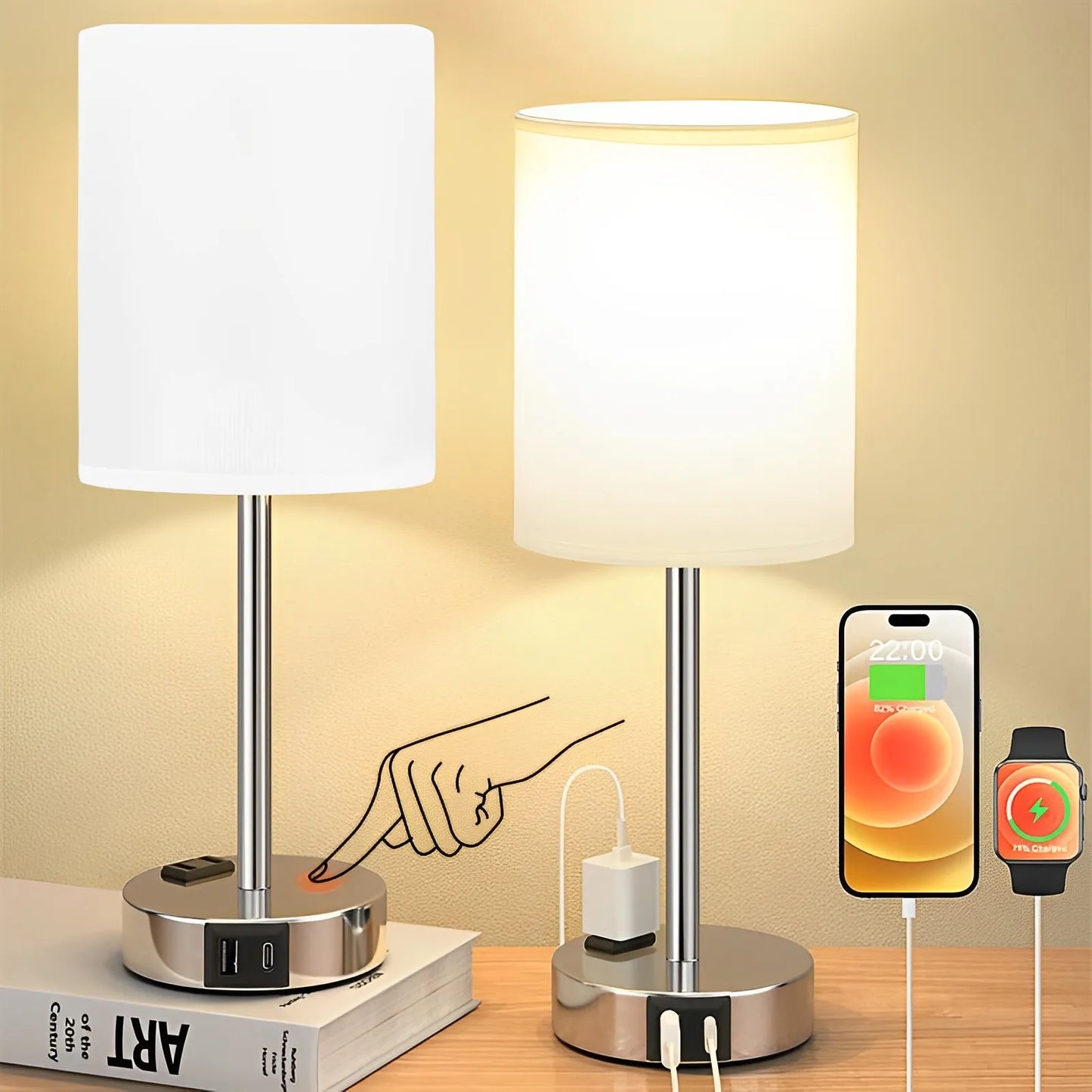 Dimmable Touch Table Lamp with USB C Port and AC Outlet for Bedside Living Room Guest Room