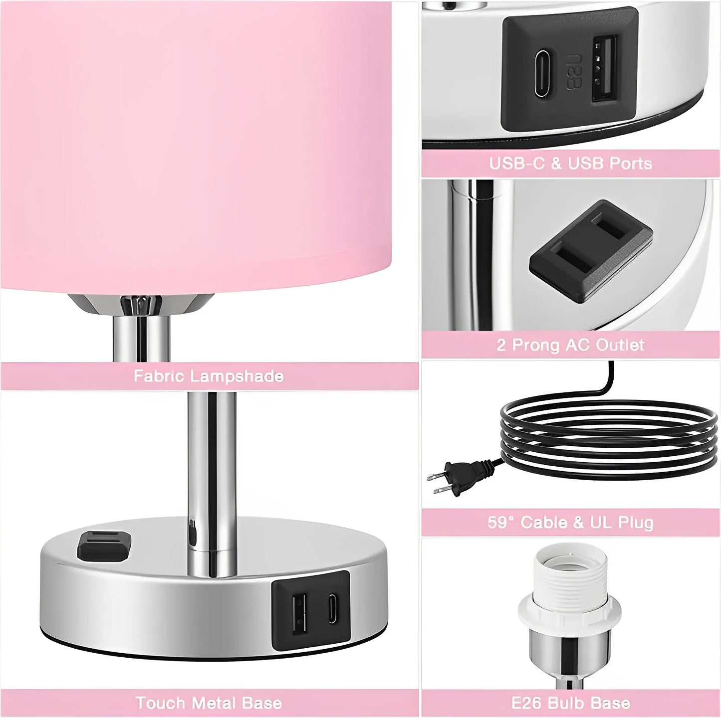 Dimmable Touch Table Lamp with USB C Port and AC Outlet for Bedside Living Room Guest Room
