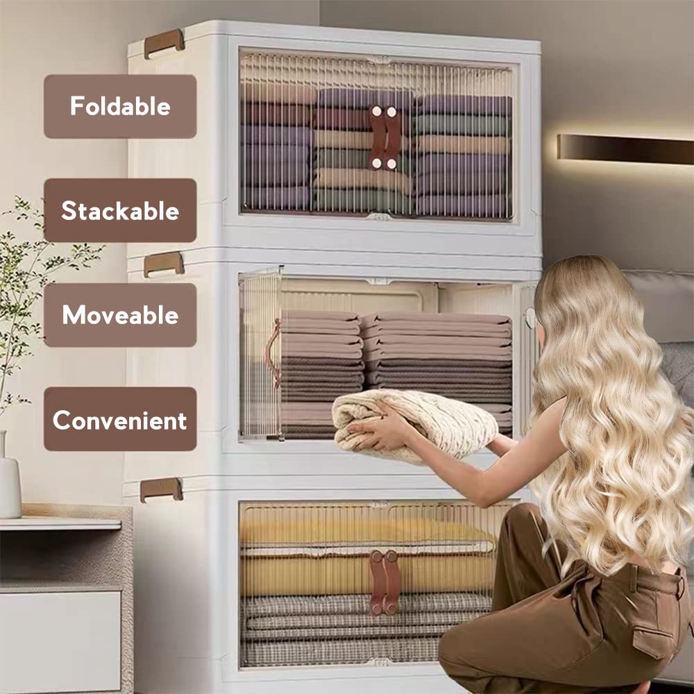 Folding Portable Storage Cabinet Bins Stackable Organizer Box with Caster Wheels Collapsible Toy Storage with Double Door