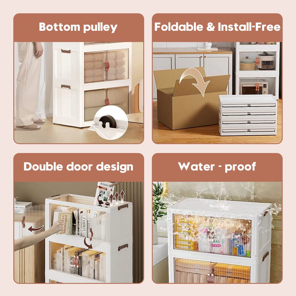 Folding Portable Storage Cabinet Bins Stackable Organizer Box with Caster Wheels Collapsible Toy Storage with Double Door