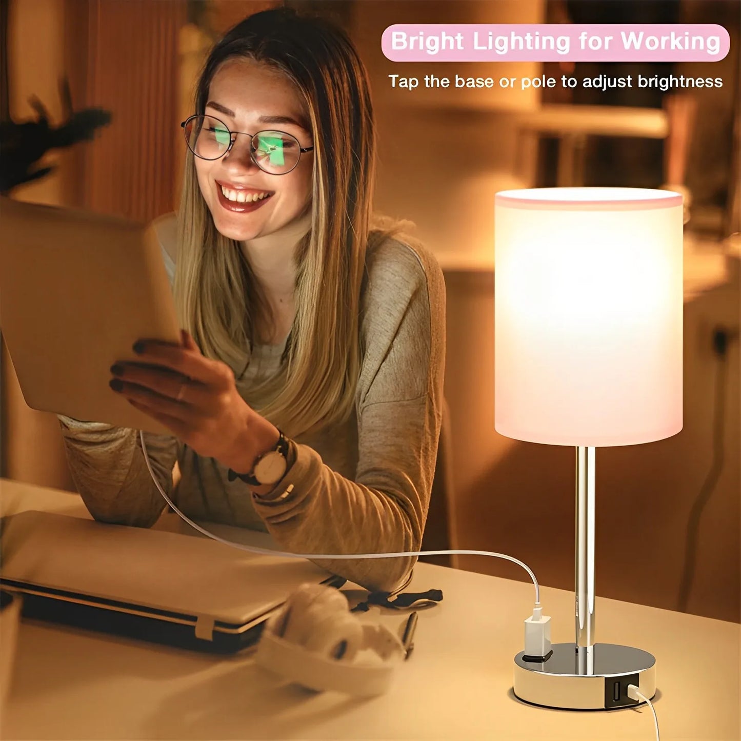 Dimmable Touch Table Lamp with USB C Port and AC Outlet for Bedside Living Room Guest Room