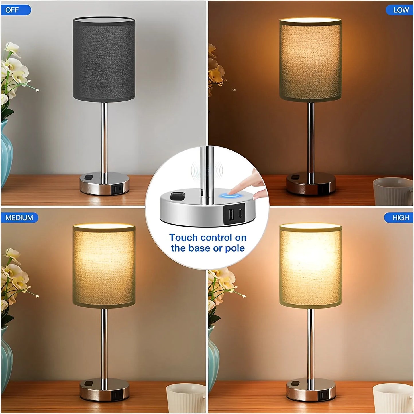 Dimmable Touch Table Lamp with USB C Port and AC Outlet for Bedside Living Room Guest Room
