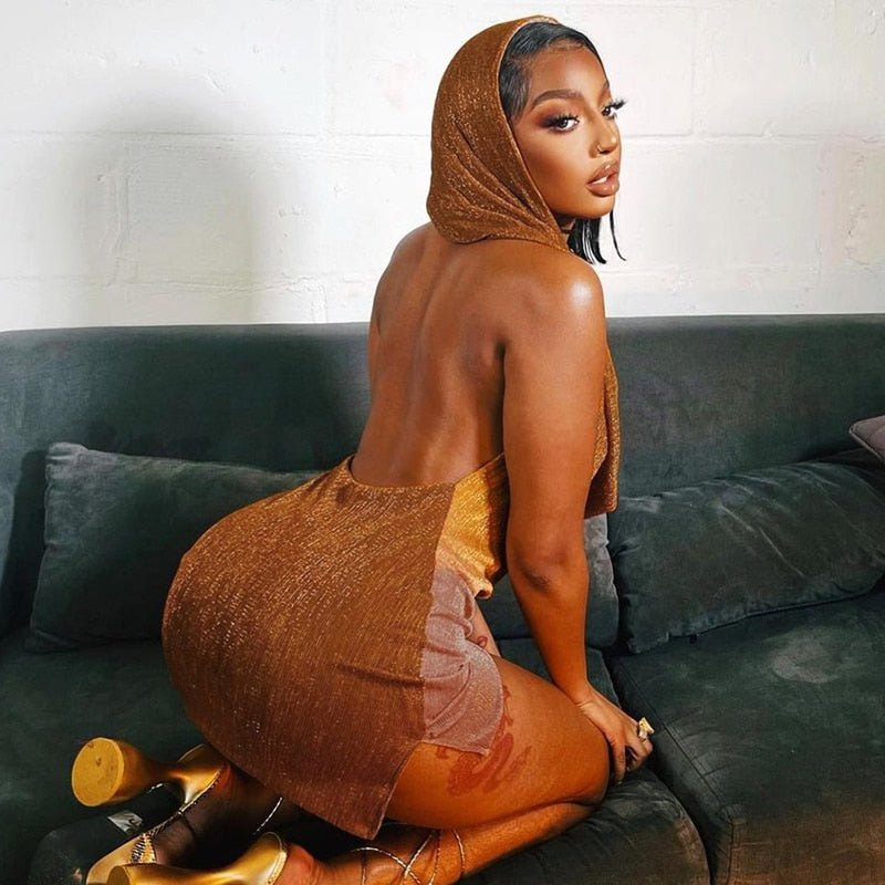 Women V-neck Hooded Mini Dress